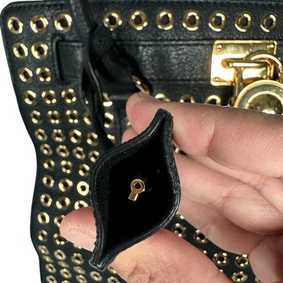 Michael Kors Black Leather Gold Studded Grommet Hamilton Tote - Picture 7 of 16